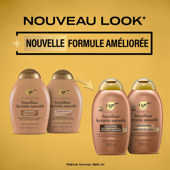 OGX Shampooing Kératine Lissage Brésilien, 385ml – Soin capillaire lissant à la kératine pour des cheveux brillants – Shampoing