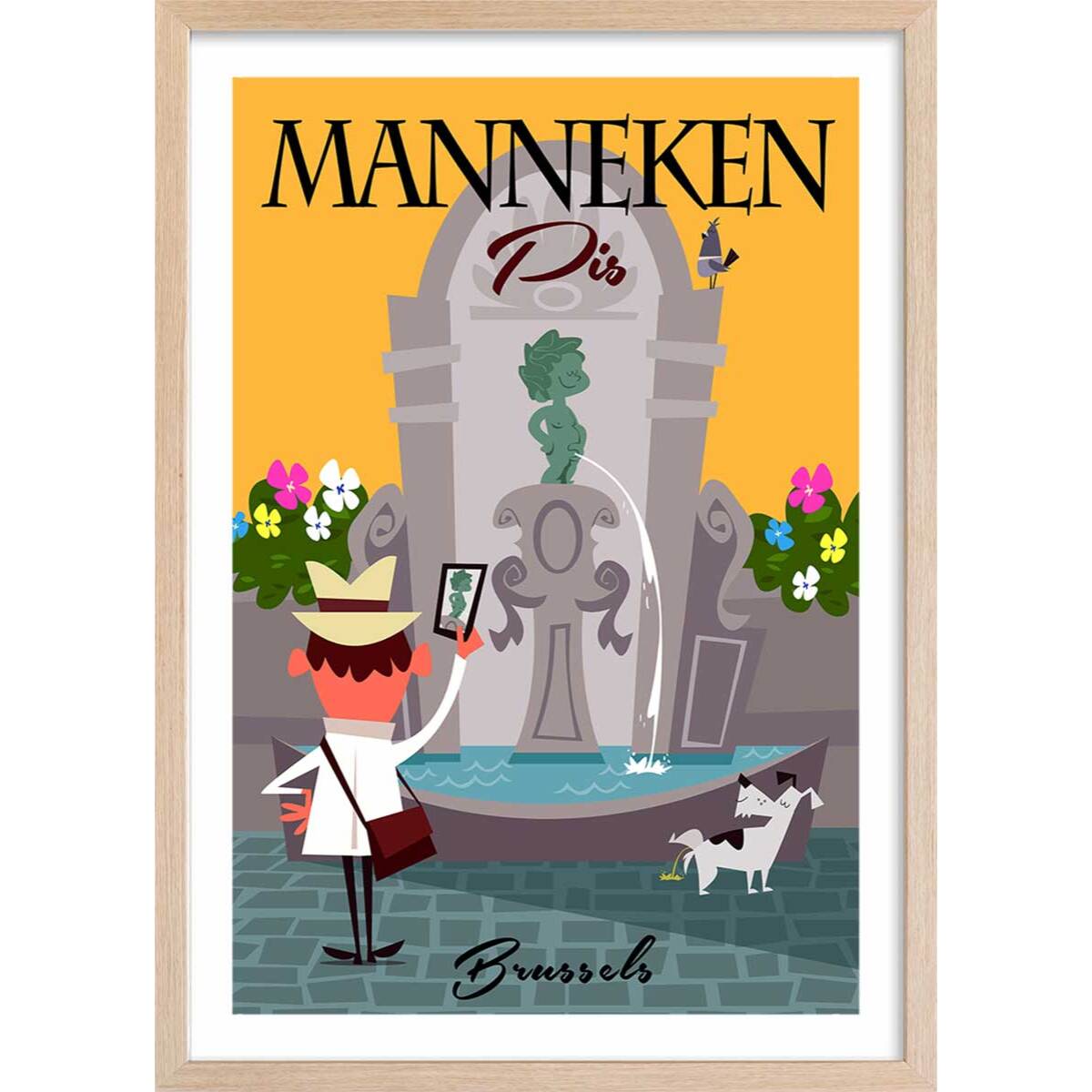 Poster retro manneken pis à bruxelles Affiche + cadre en bois - Chêne