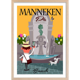 Poster retro manneken pis à bruxelles Affiche + cadre en bois - Chêne
