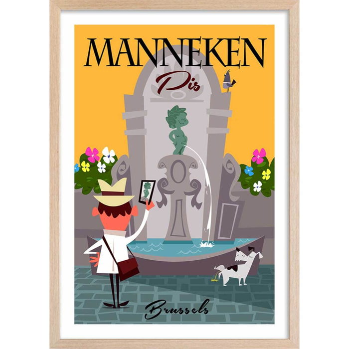 Poster retro manneken pis à bruxelles Affiche + cadre en bois - Chêne