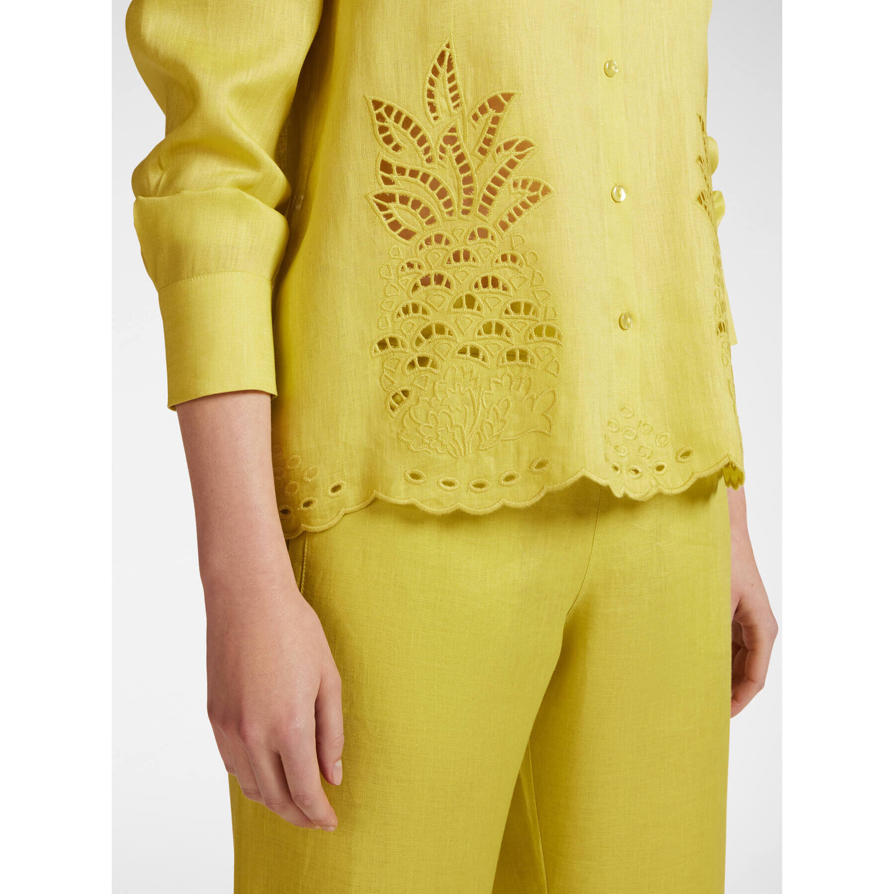 Elena Mirò - Camisa de lino con bordado calado - Verde