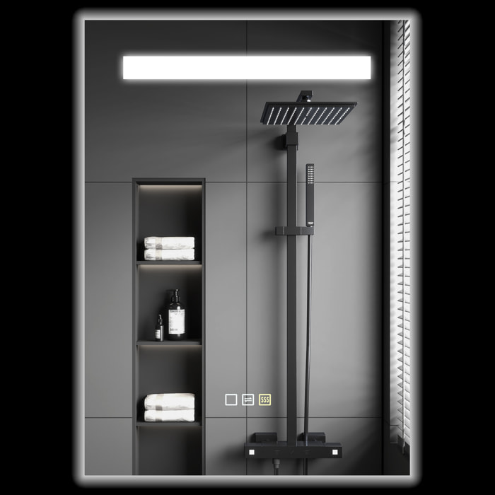 Espejo de Baño con Luz LED 70x50 cm Espejo de Pared con 3 Colores de Luz Función Antivaho Función de Memoria Interruptor Táctil IP44