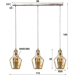 Suspension vintage en verre ambré 3 lampes LUCKNOW