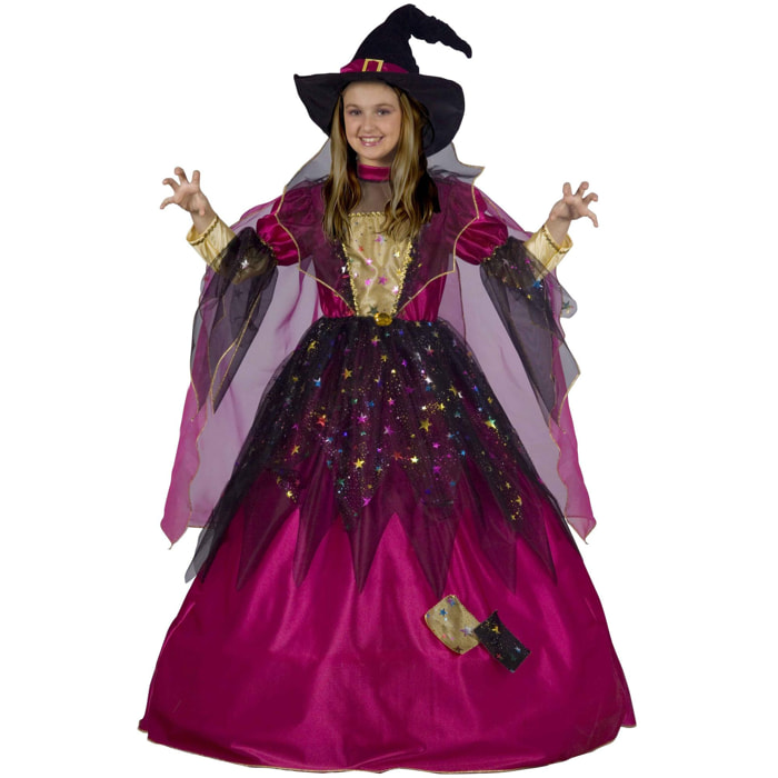 Travestimento Costume Halloween Magica Strega Rosa Oro Nero Bambina