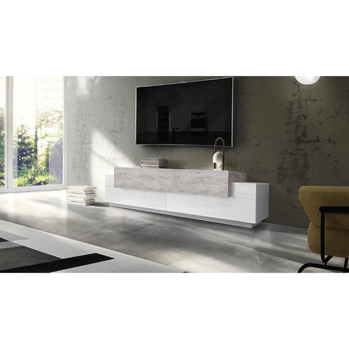 Mobile porta TV Arold, Credenza bassa da soggiorno, Base porta televisione, 100% Made in Italy, cm 200x45h52, Bianco lucido e Cemento