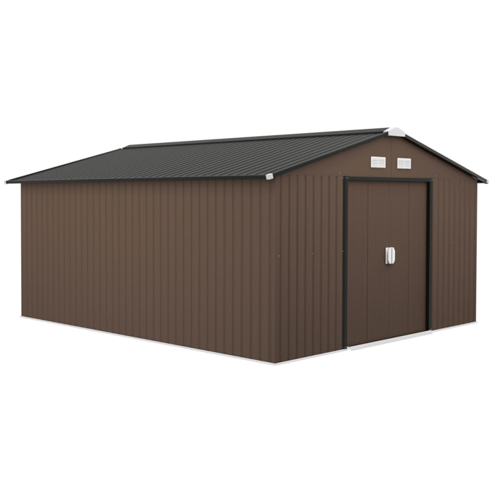 Caseta de Jardín Exterior, 12,4 m² 340x386x200 cm, Cobertizo de Jardín Exterior Metálico con Puerta Corredera, Base Refuerzo (Suelo NO Incluido) y Ventanas Marrón