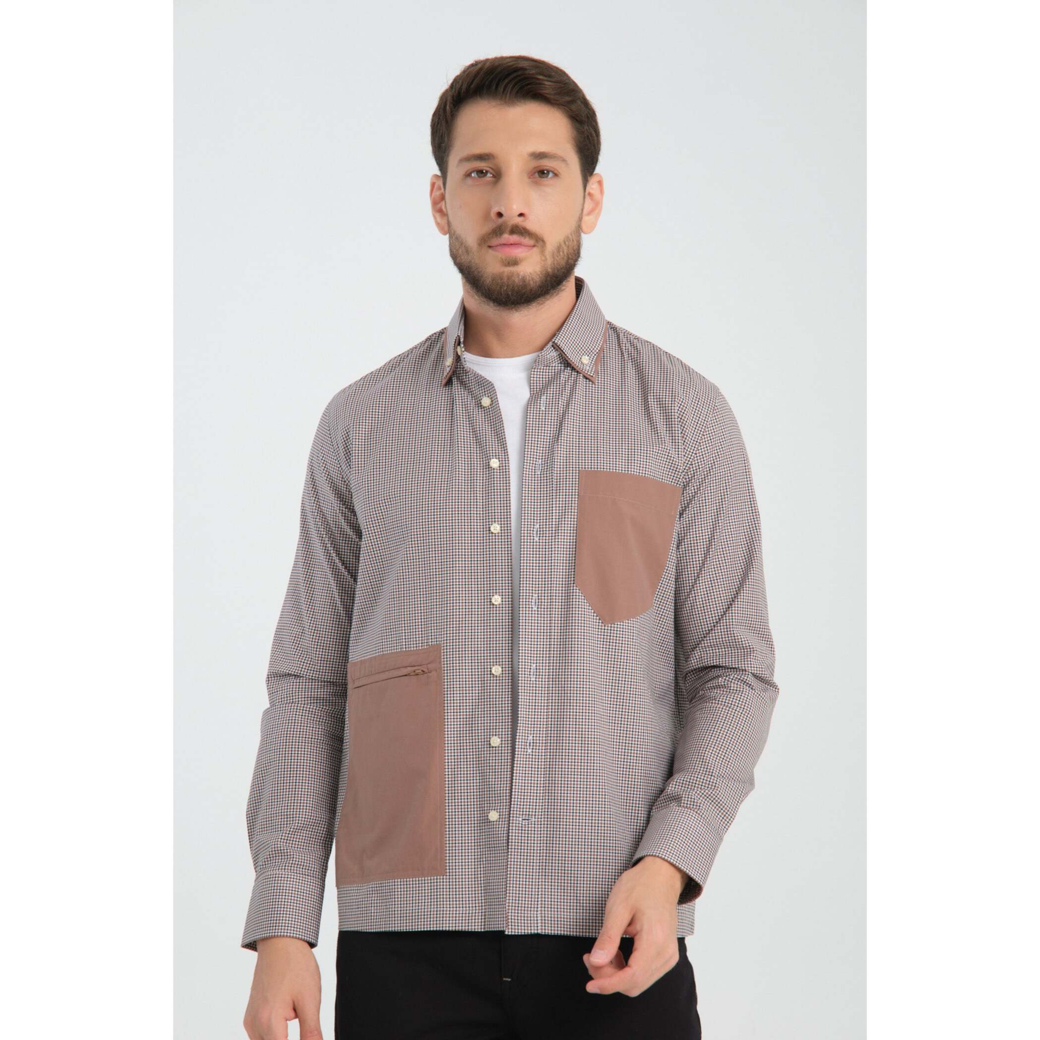 Camicia Uomo 1 Bottone Button Down Popeline Stretch Marrone/Bianco