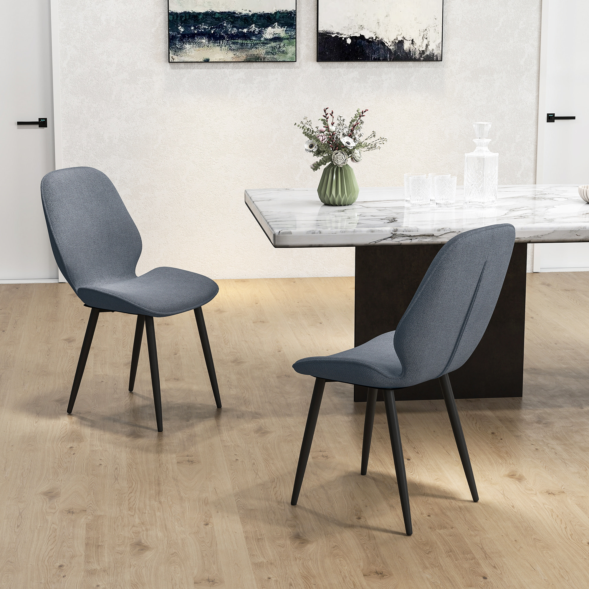 Lot de 2 chaises de salon design assise dossier enveloppant piètement acier noir tissu effet lin gris