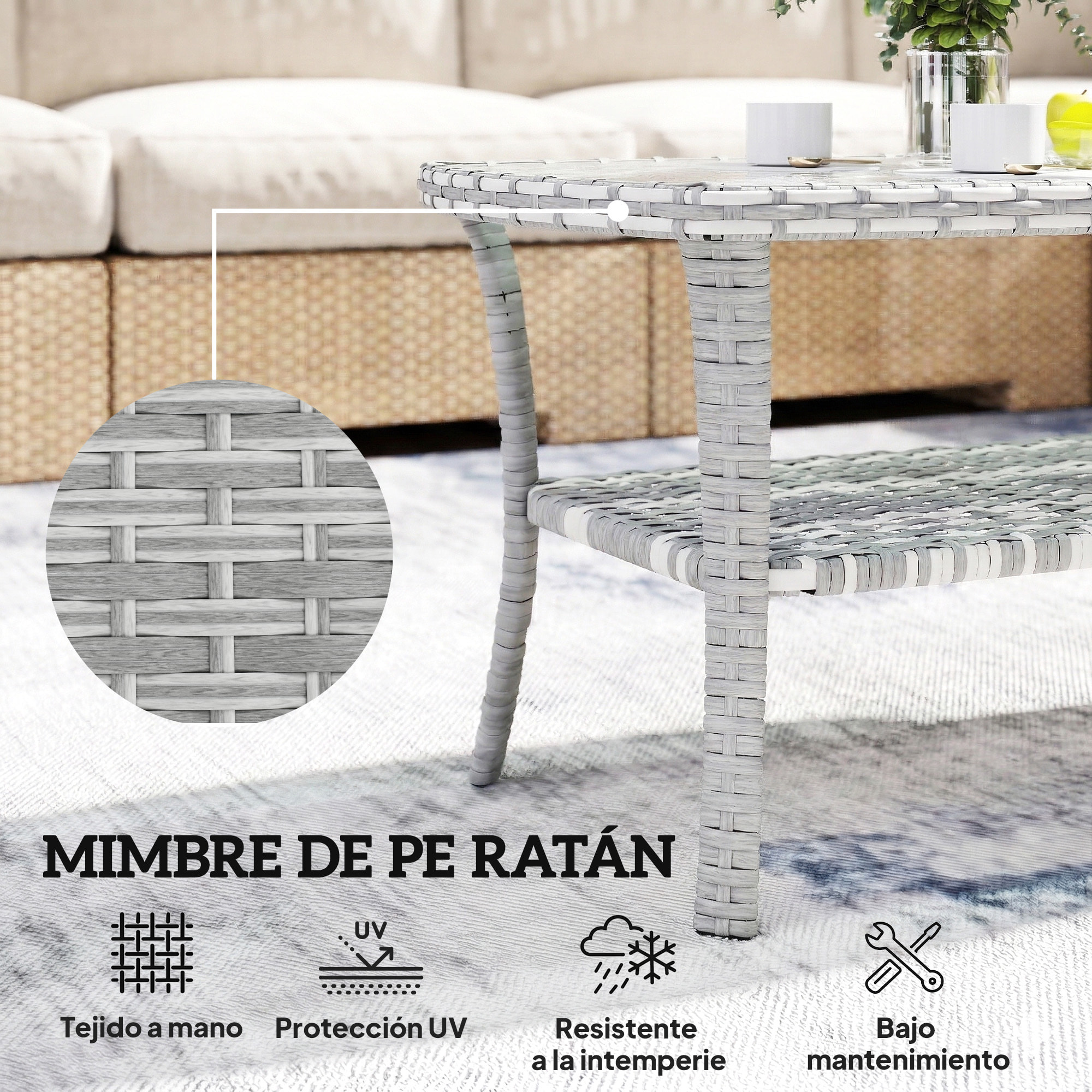 Mesa de Jardín Exterior de Ratán con Estante, Mesita Auxiliar de Jardín Rectangular, Tablero de Vidrio Templado con Ondas, Estructura de Acero, para Terraza, Patio, 90x50x45 cm, Gris Oscuro