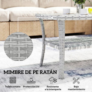 Mesa de Jardín Exterior de Ratán con Estante, Mesita Auxiliar de Jardín Rectangular, Tablero de Vidrio Templado con Ondas, Estructura de Acero, para Terraza, Patio, 90x50x45 cm, Gris Oscuro