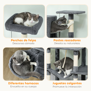 Árbol Rascador para Gatos, Árbol para Gatos 202 cm, Torre Escalador con Plataformas, Cama, Cuevas, Postes de Sisal, Bolas y Cuerda para Jugar, Gris Oscuro