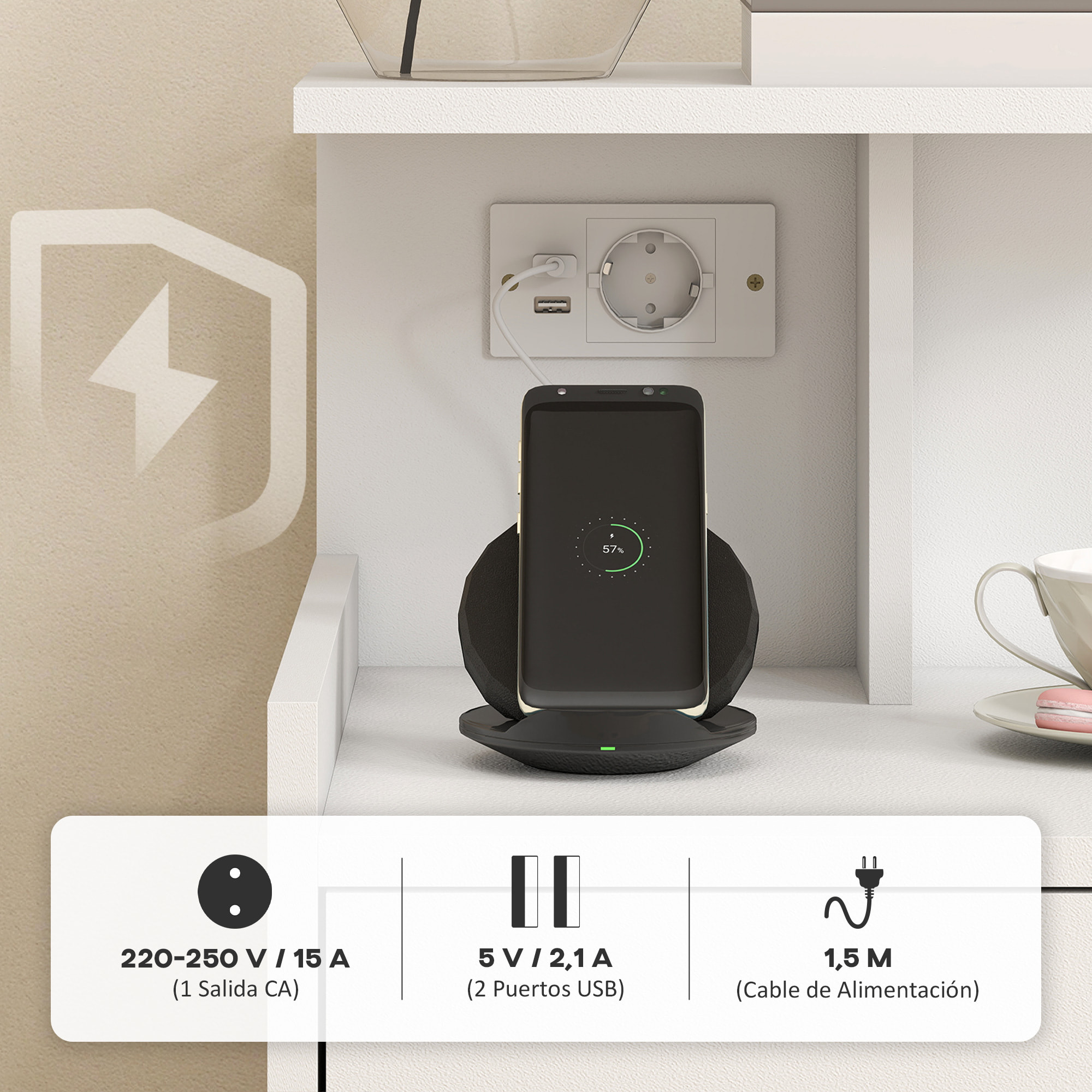 Mesita de Noche con Estación de Carga, Mesilla de Noche Dormitorio con Puertos USB, Cajón y Estantes Abiertos, para Salón, Estudio, 40x40x60 cm, Blanco