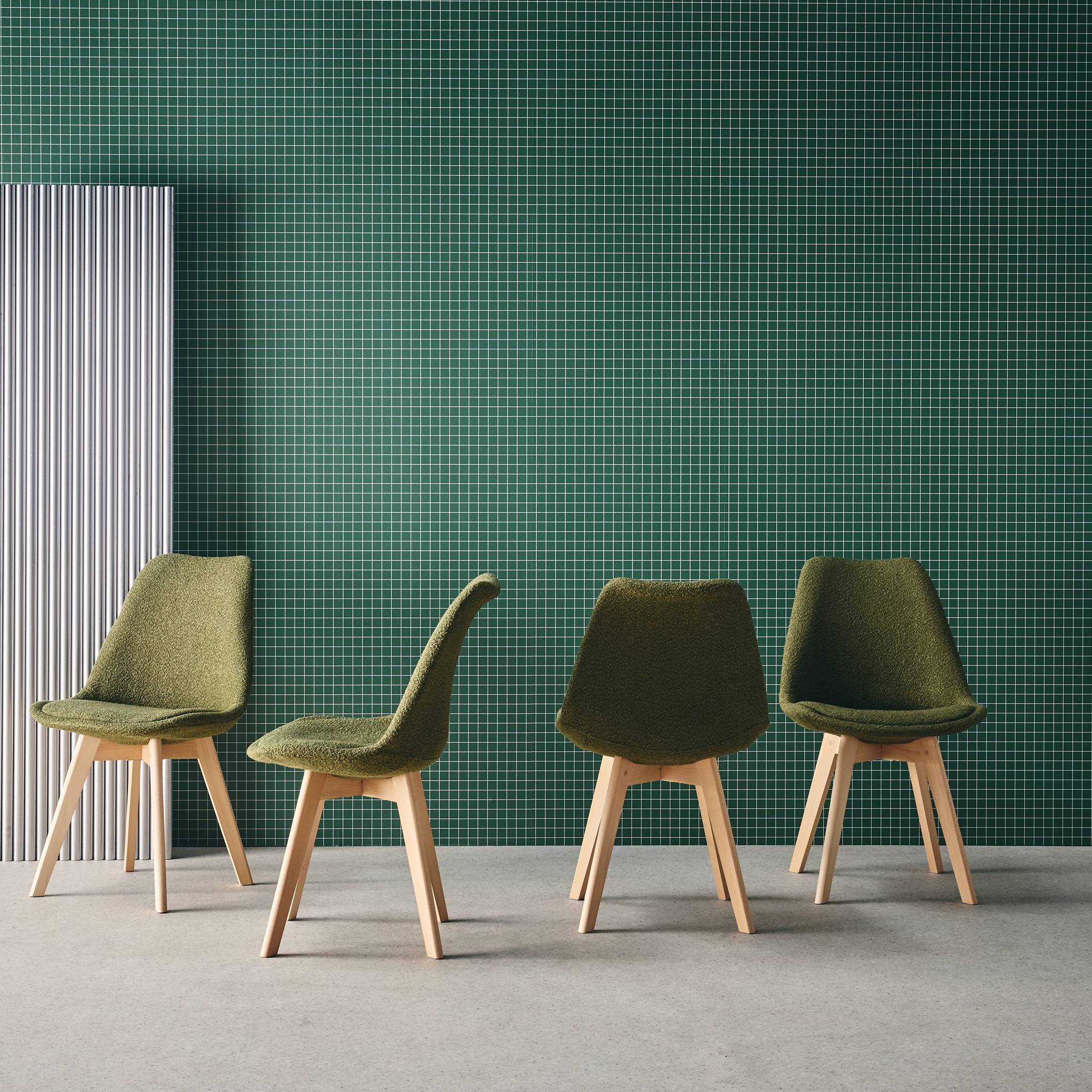 Lot de 4 chaises scandinaves revêtement bouclette texturée kaki. pieds bois de hêtre - Nils