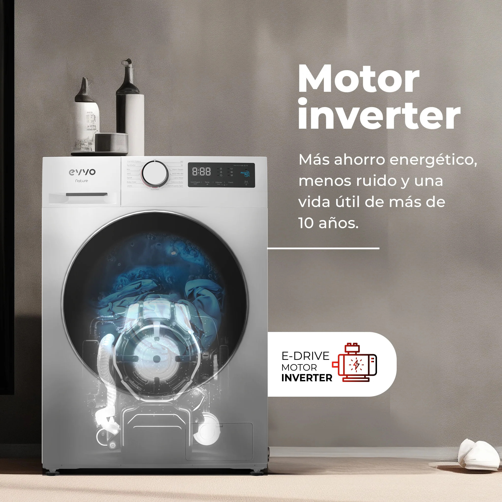 EVVO Lavadora Nature 9 9 kg, 1350 rpm, Clase A, motor inverter, tambor ePROTECT, vapor Steam Wash, 15 programas, 15’ rápido, blanco