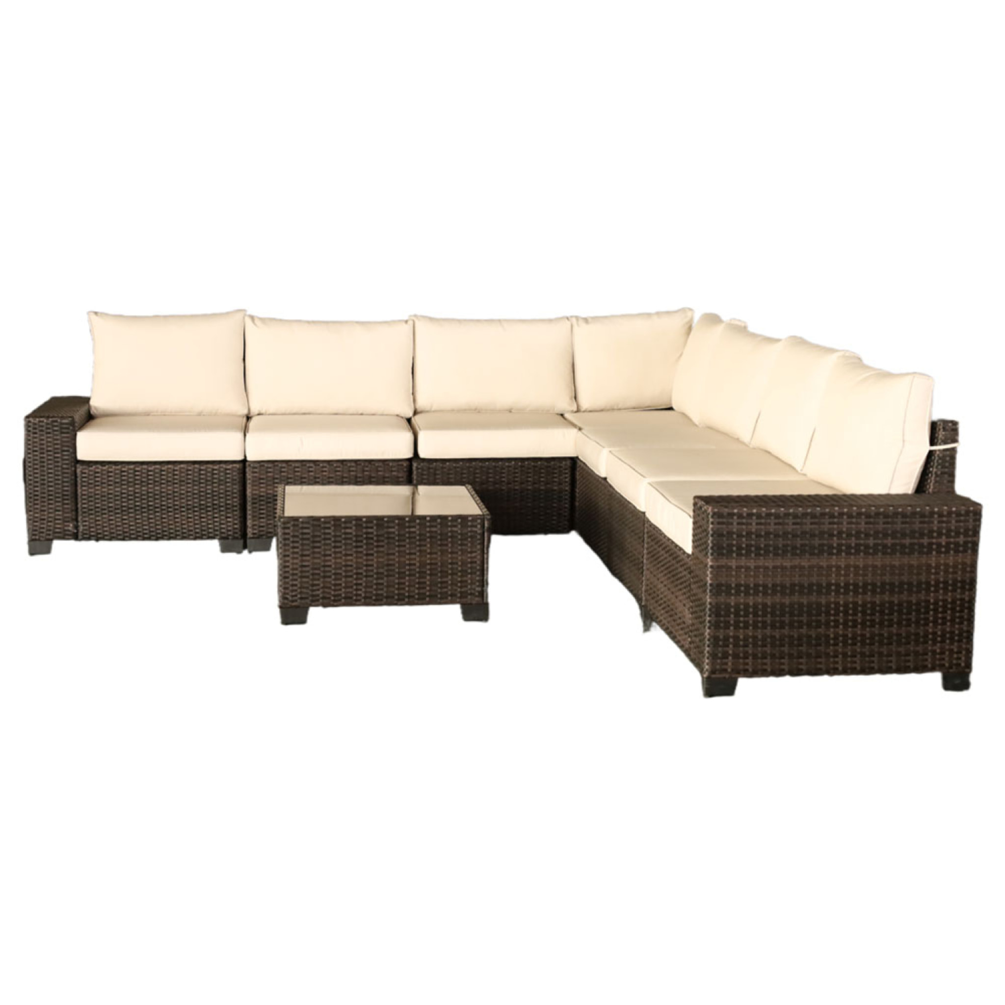 SONIA Salon de jardin d'angle 7 places en résine tressée avec table marron et beige