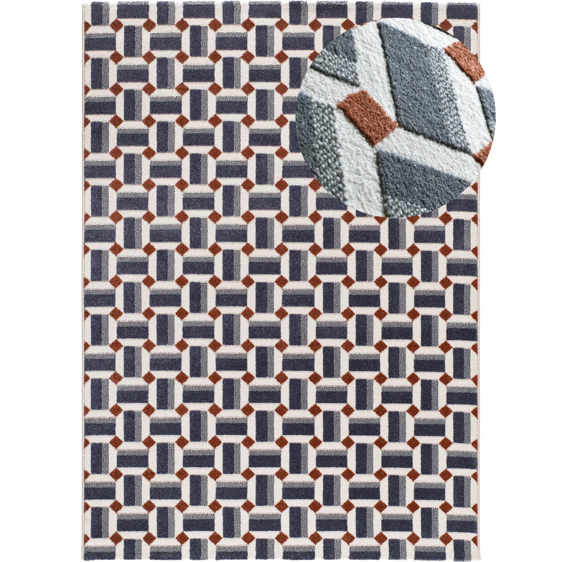 AMARA Alfombra geométrica con relieve azul, varias medidas disponibles.