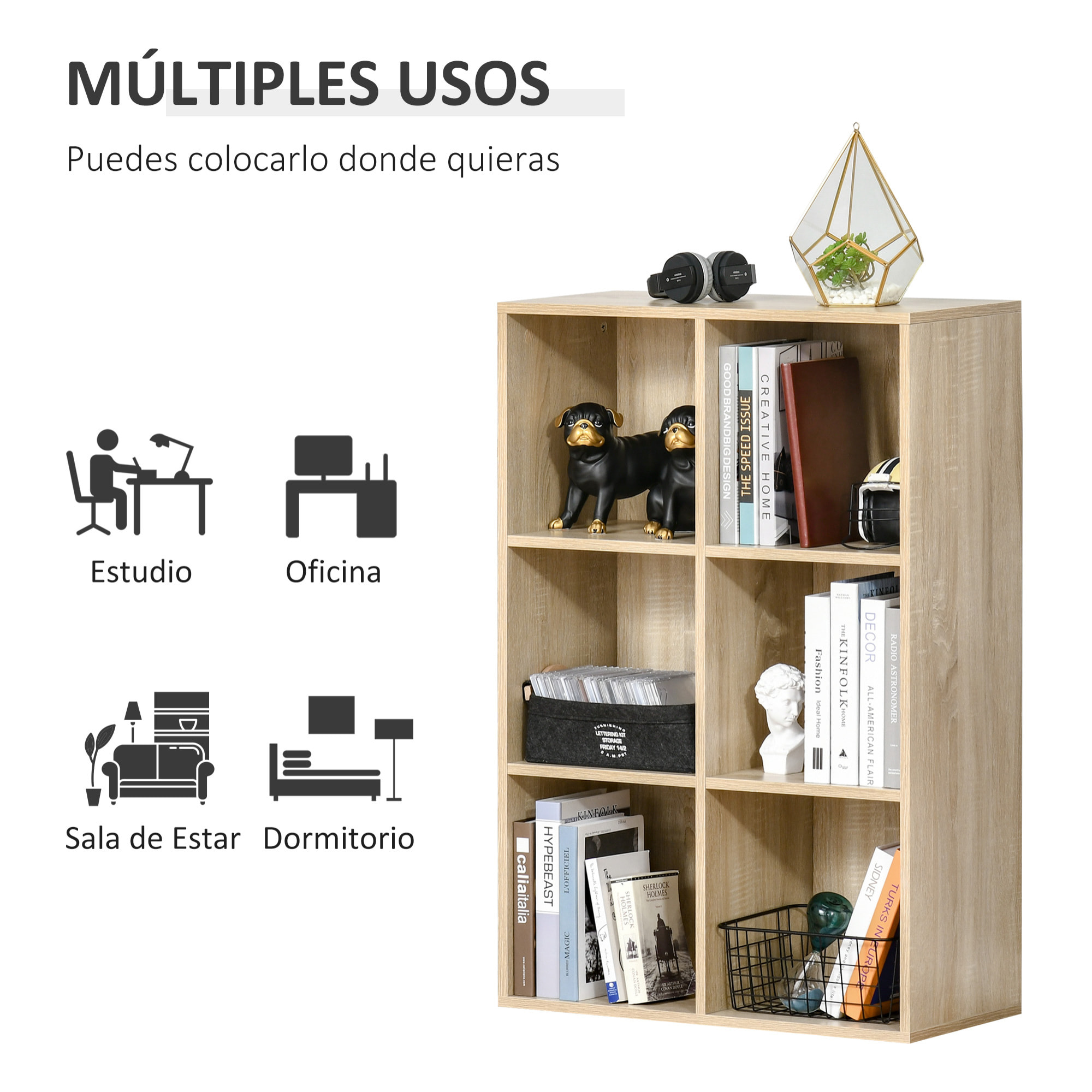 Estantería para Libros Estantes de Madera de 3 Niveles con 6 Cubos de Almacenaje para Sala de Estar Dormitorio Oficina 65,5x30x97,5 cm Roble