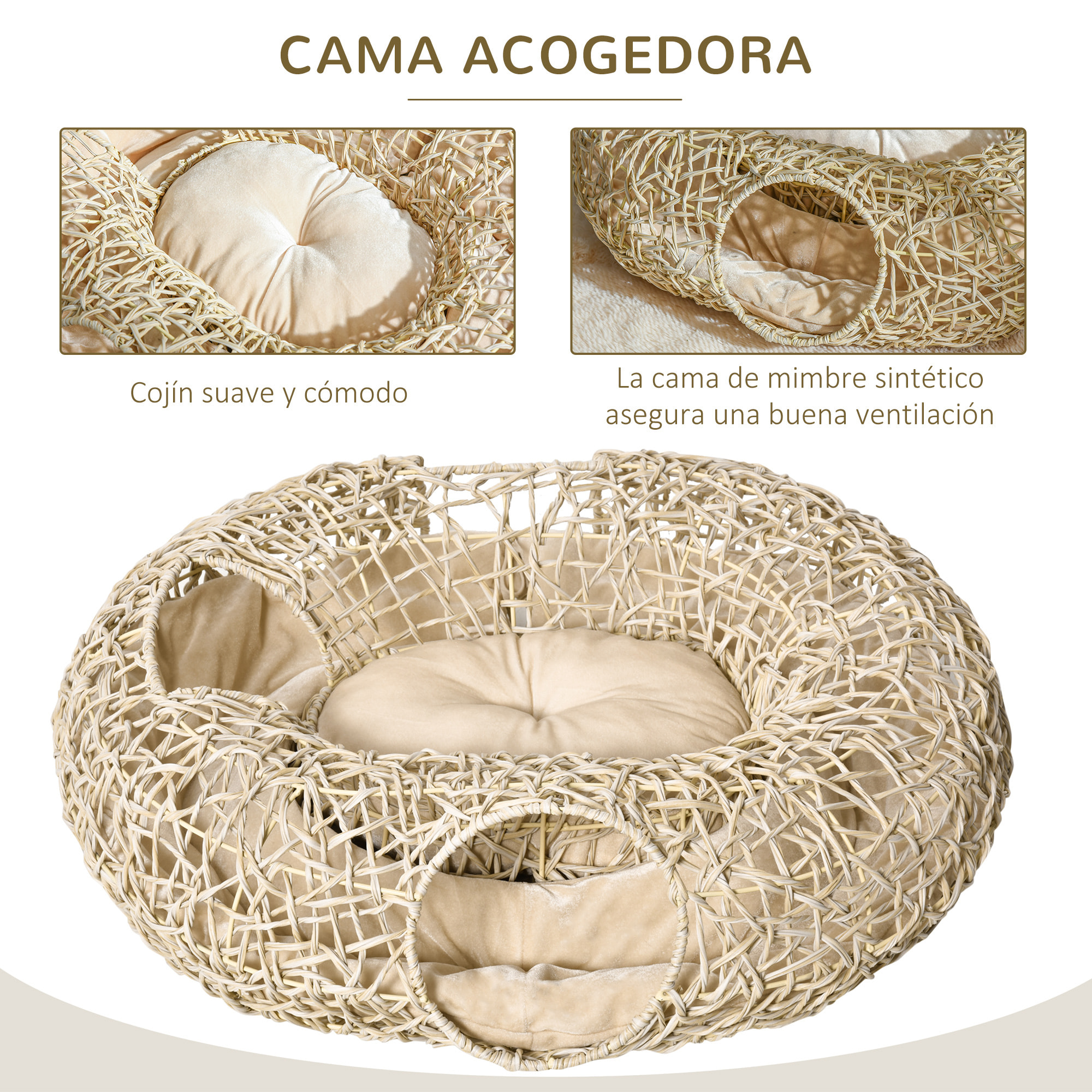 Cama para Gatos de Ratán 78x69x22 cm Cesta para Gatos Rolliza con Cojín Suave
