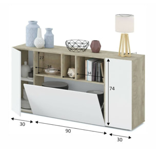 Credenza Paterson, Madia moderna a 3 ante, Buffet da soggiorno con scomparti, Madia da salotto, Mobile Porta TV, cm 150x41h76, Bianco e Rovere