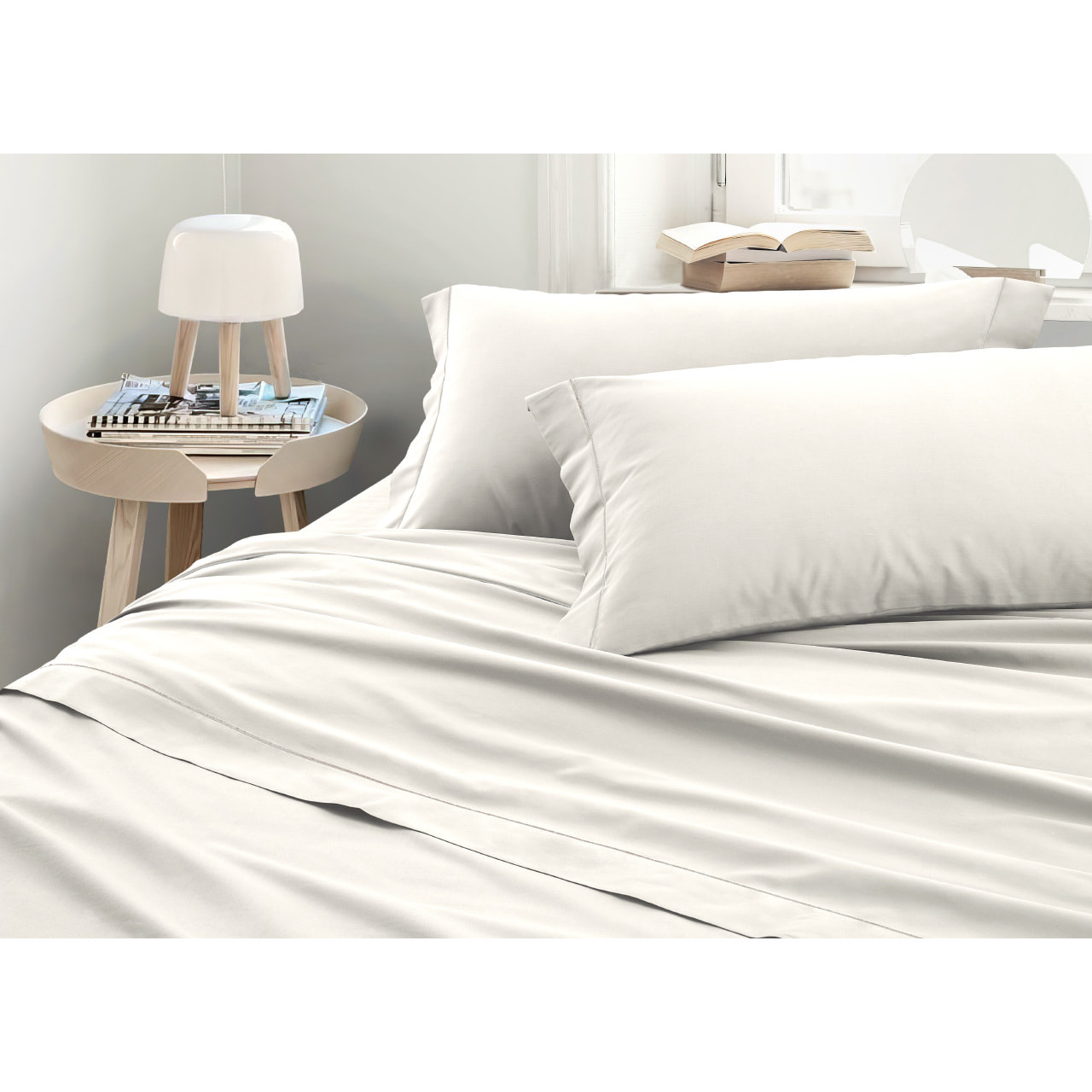 Completo Lenzuola In 100% Raso Cotone Tinta Unita Bianco Misura Letto Matrimoniale