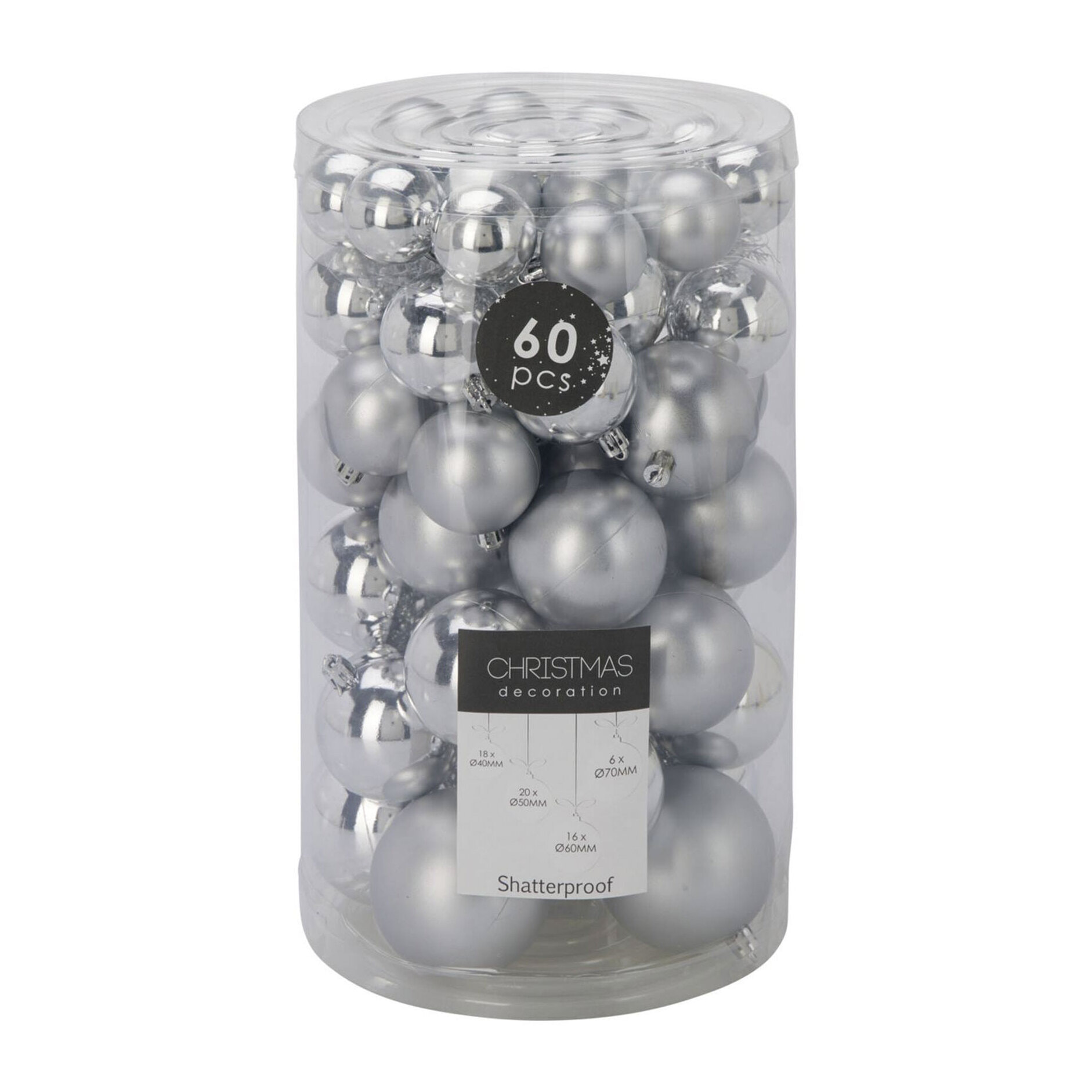 Conjunto de 60 bolas de navidad en color plata en varios diseños y acabados