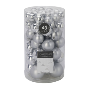 Conjunto de 60 bolas de navidad en color plata en varios diseños y acabados
