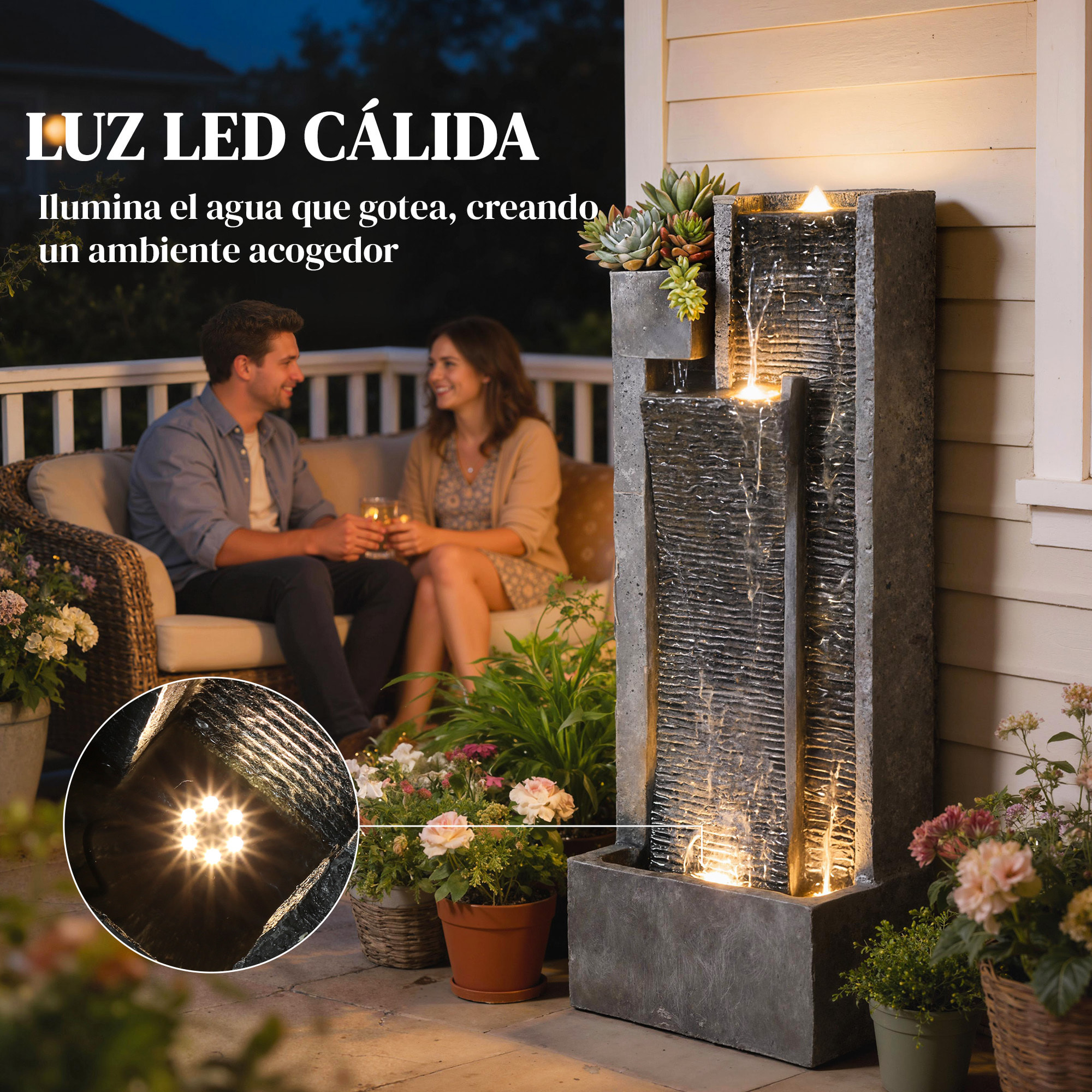 Fuente de Agua Decorativa con Iluminación LED y Maceta, Fuente de Jardín Exteror en Cascada de 3 Niveles, con Bomba, Resistente a la intemperie, para Jardín, Patio, 38x19x101 cm, Gris Oscuro