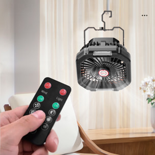 Ventilatore P10 con motore senza spazzole, LED con 16 luci, 4 velocità, 3 livelli di luce e 3 timer. Include telecomando e powerbank da 7800 mAh.