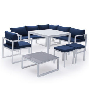 Salon de jardin modulable IBIZA en tissu bleu 7 places - aluminium blanc
