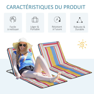 Lot de 2 tapis de plage rembourrés - dossier inclinable 5 positions - sac transport inclus - acier polyester multicolore