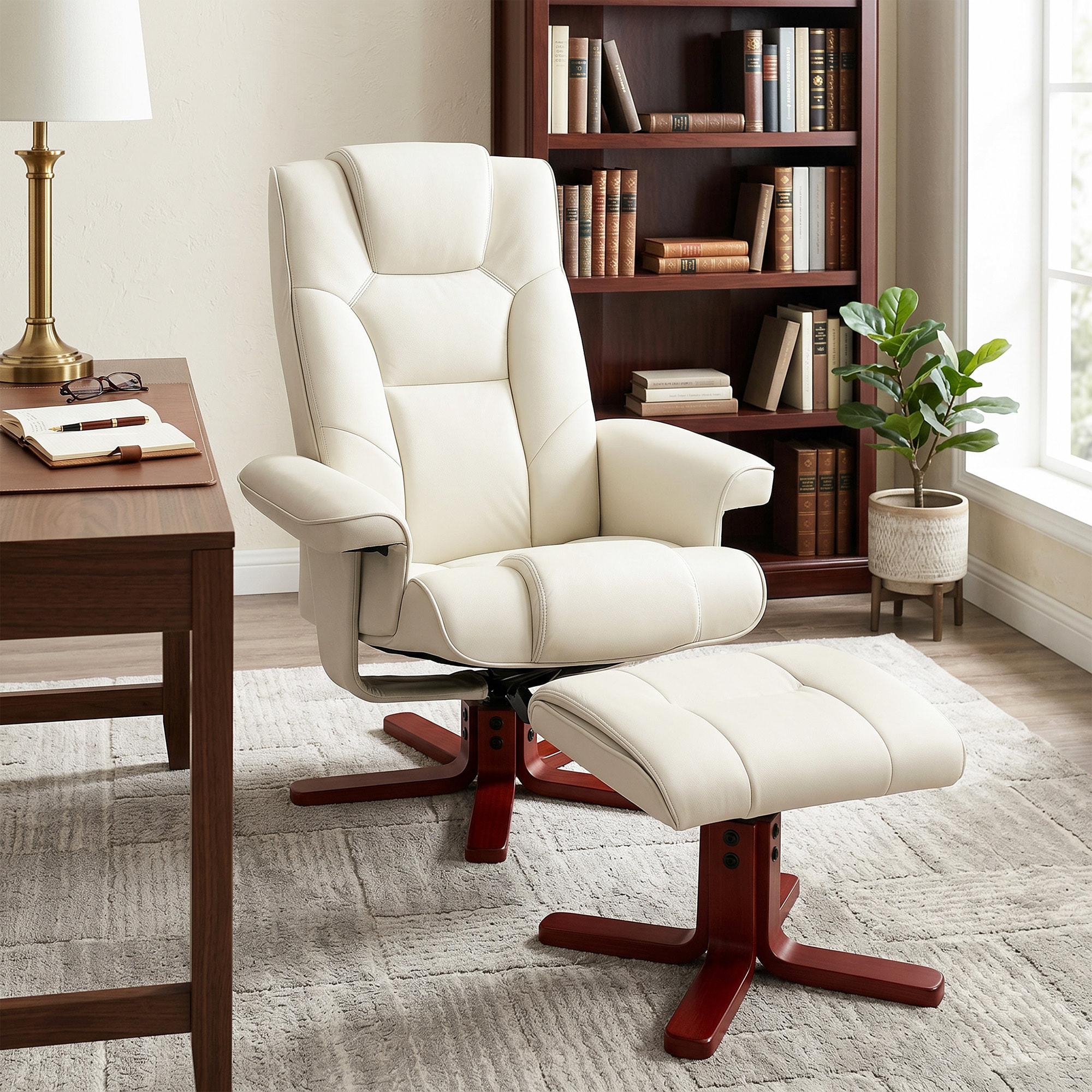 Sillón Reclinable con Reposapiés Sillón de Salón con Tapizado en Tejido Tecnológico y Estructura de Madera Carga 150 kg Butaca para Dormitorio Sala de Estar Crema