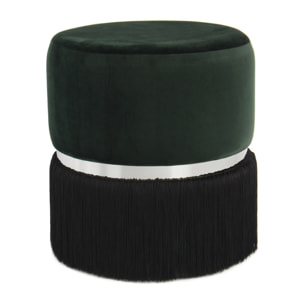 Pouf Rebecca in velluto verde scuro con frange e anello silver