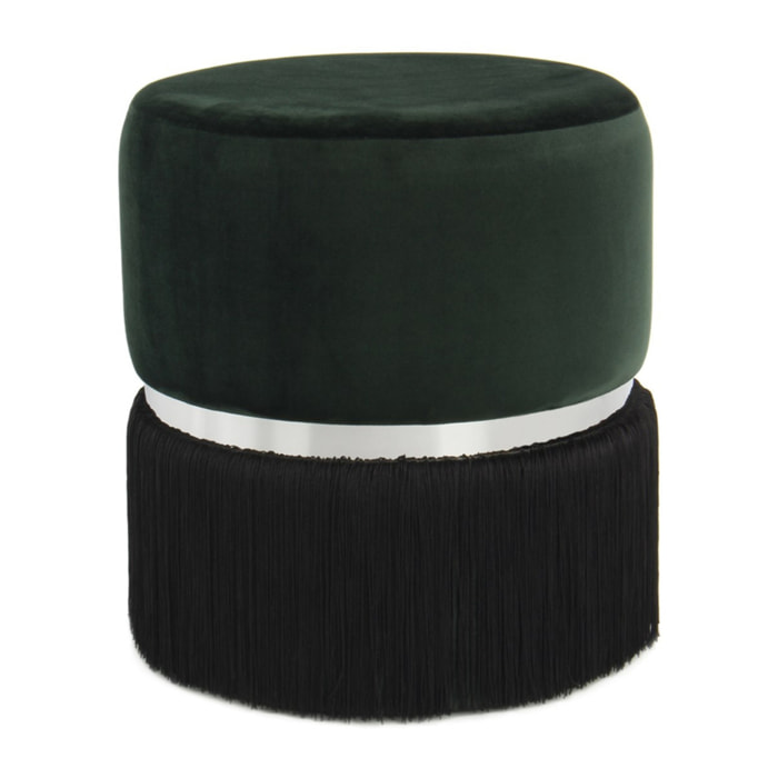 Pouf Rebecca in velluto verde scuro con frange e anello silver