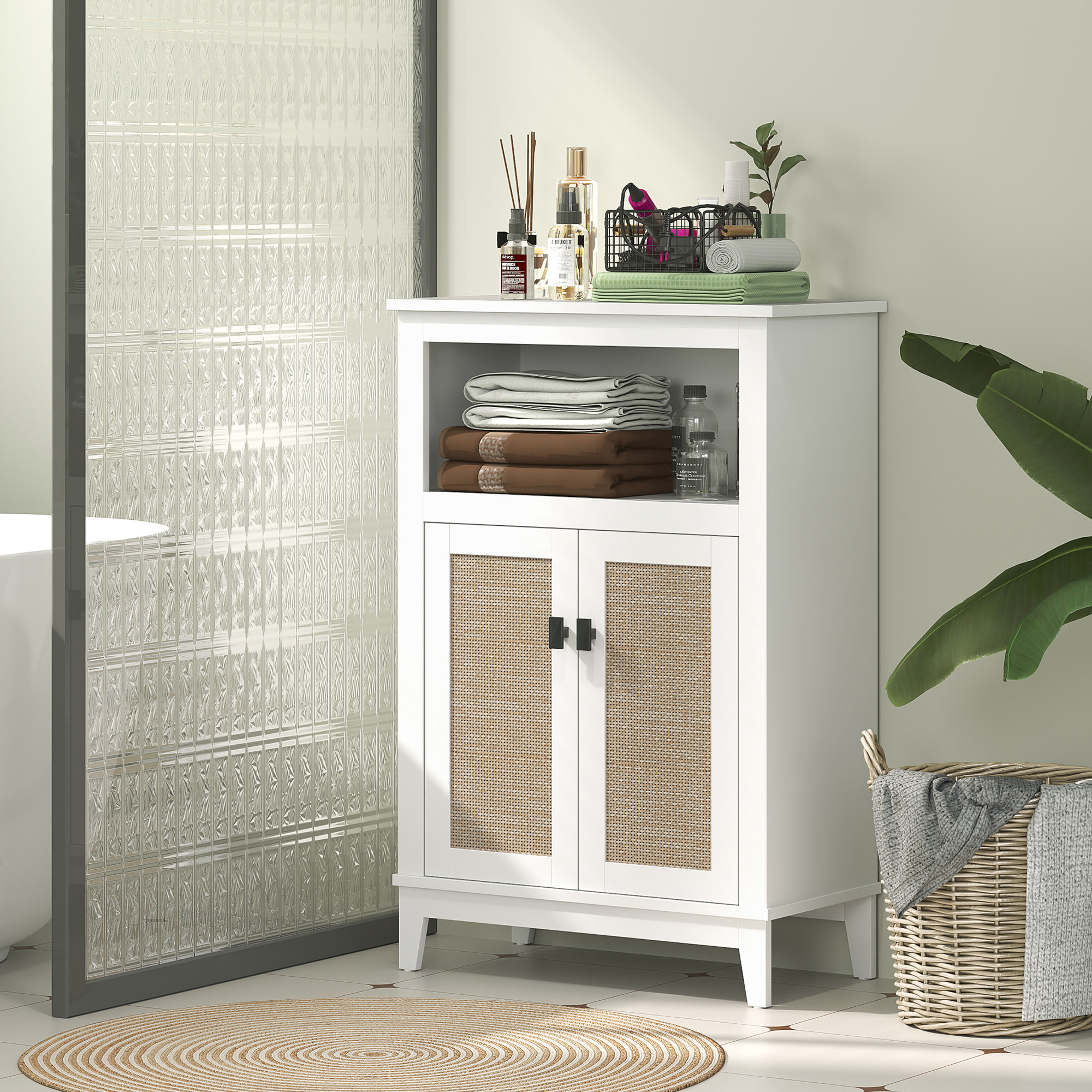 Mueble Auxiliar de Baño con 2 Puertas con Frontal de Ratán Armario de Baño con Estante Ajustable y Compartimento Abierto 60x30x90 cm Blanco