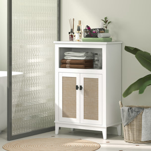 Mueble Auxiliar de Baño con 2 Puertas con Frontal de Ratán Armario de Baño con Estante Ajustable y Compartimento Abierto 60x30x90 cm Blanco
