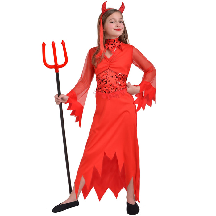 Diavoletta Red Devil Girl Costume Halloween Con Cerchietto Forcone Bambina