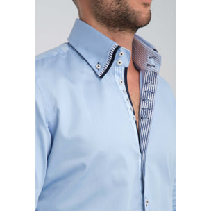 Camicia Uomo 2 Bottoni Button Down Triplo Collo Slim Satin Unito Celeste