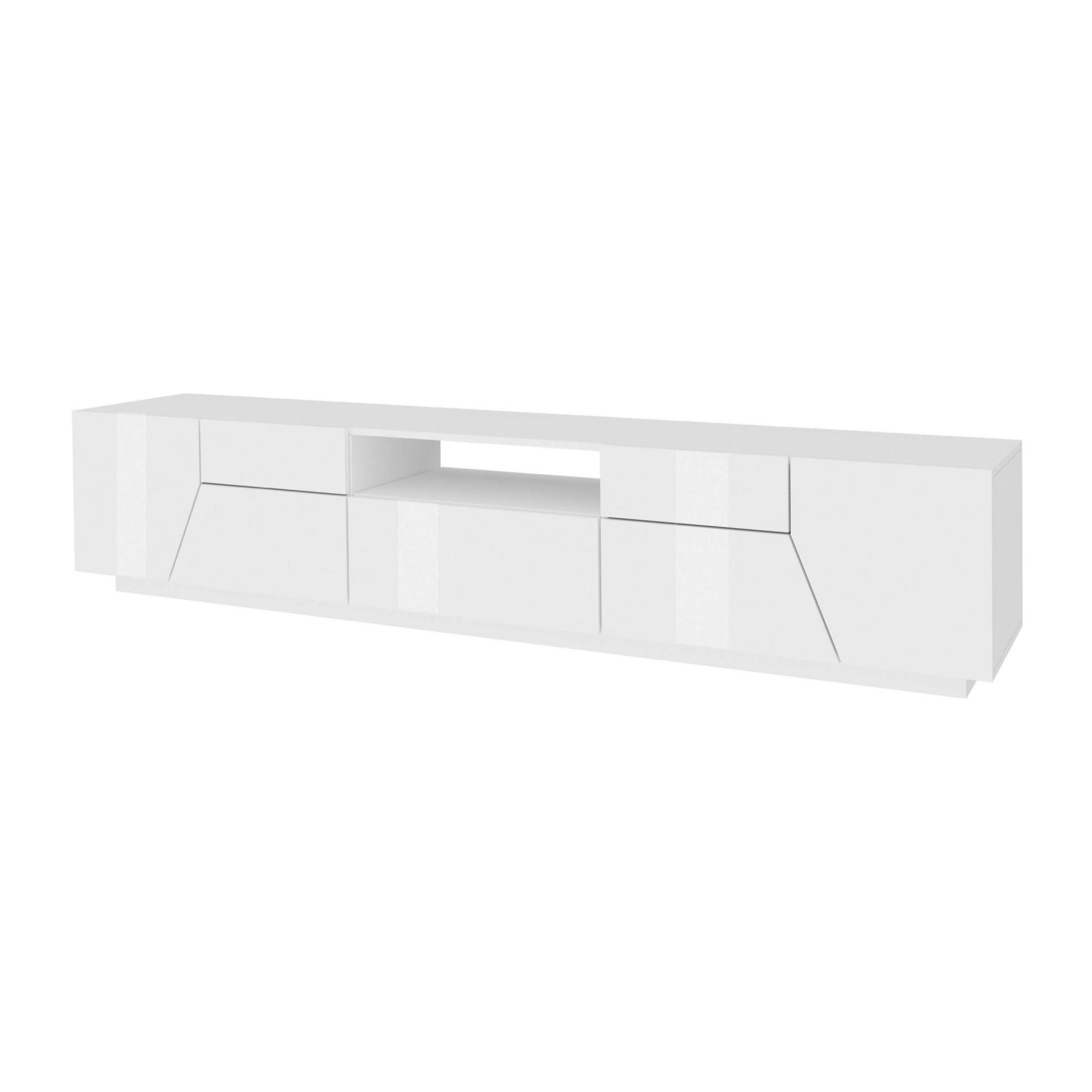 Mobile da soggiorno Porta TV, Made in Italy, Supporto per TV da salotto a 4 ante geometriche e 1 cassetto, Cm 220x43h46, Bianco lucido