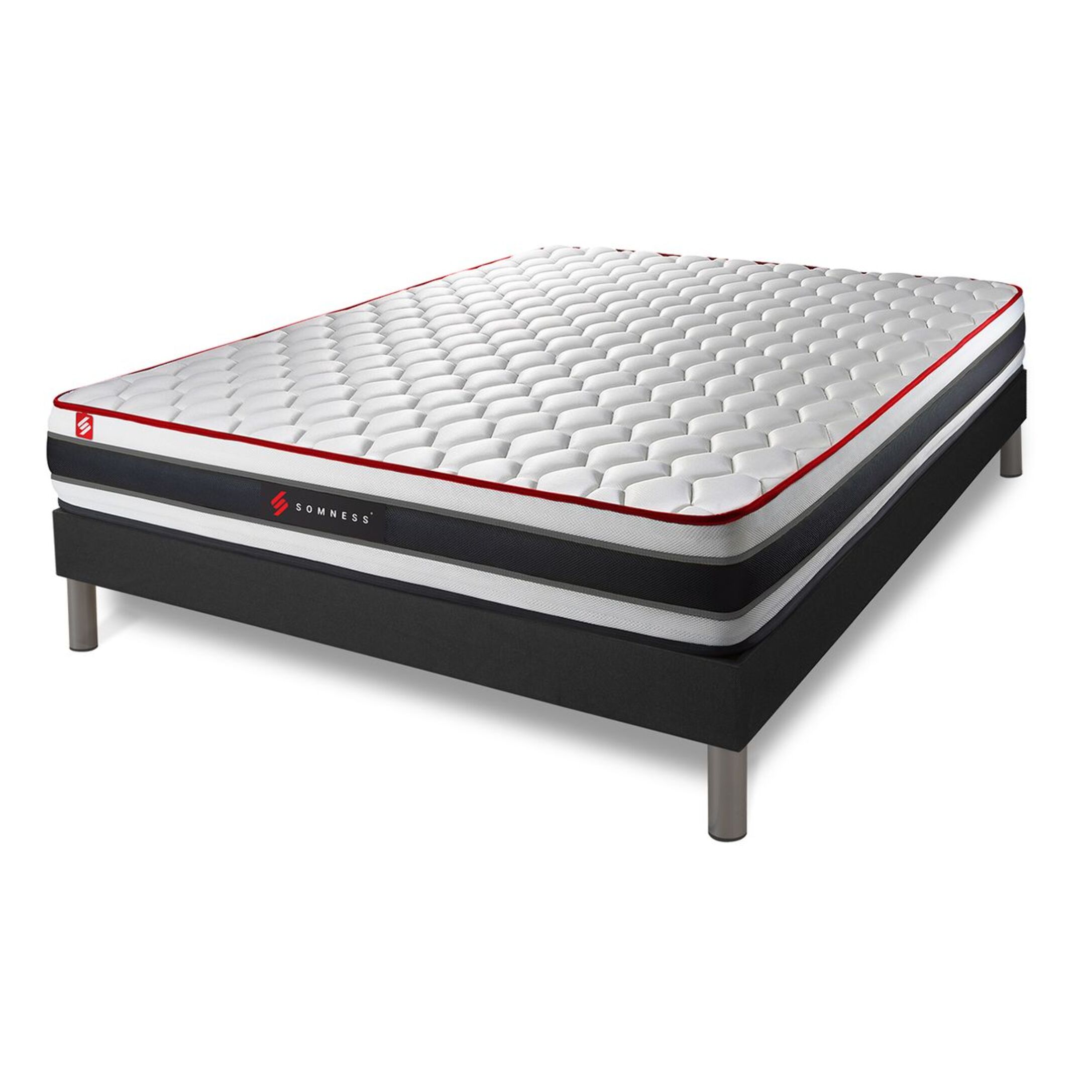Ensemble - Matelas Ressorts ensachés et mémoire de forme 22cm d'épaisseur - 3 zones de confort - Confort ferme - Sommier tapissier monobloc - 2 places