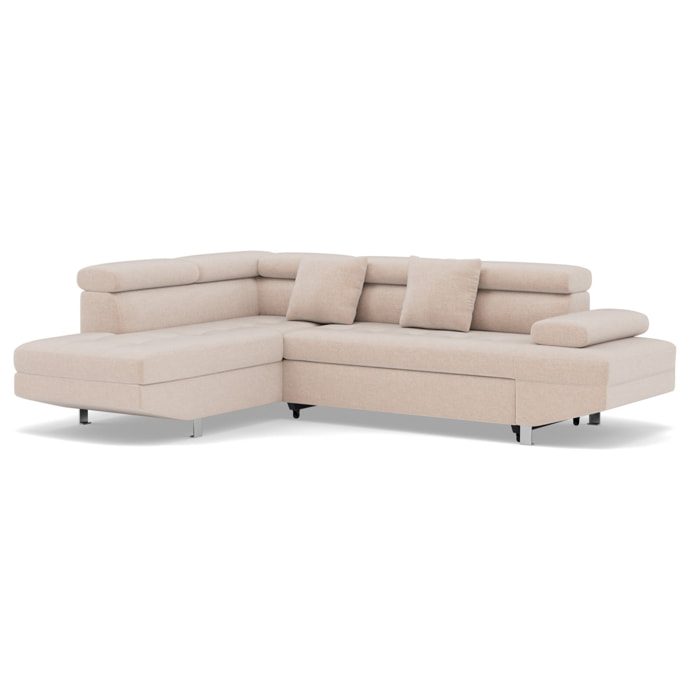 Margaux - Canapé d'angle gauche 5 places convertible avec coffre et têtières réglables en velours texturé - Beige