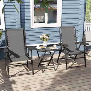 Conjunto de Mesa y Sillas de Terraza Exterior de 3 Piezas Muebles de Jardín Exterior Plegables con Estructura de Acero y Portavasos para Patio Gris Oscuro