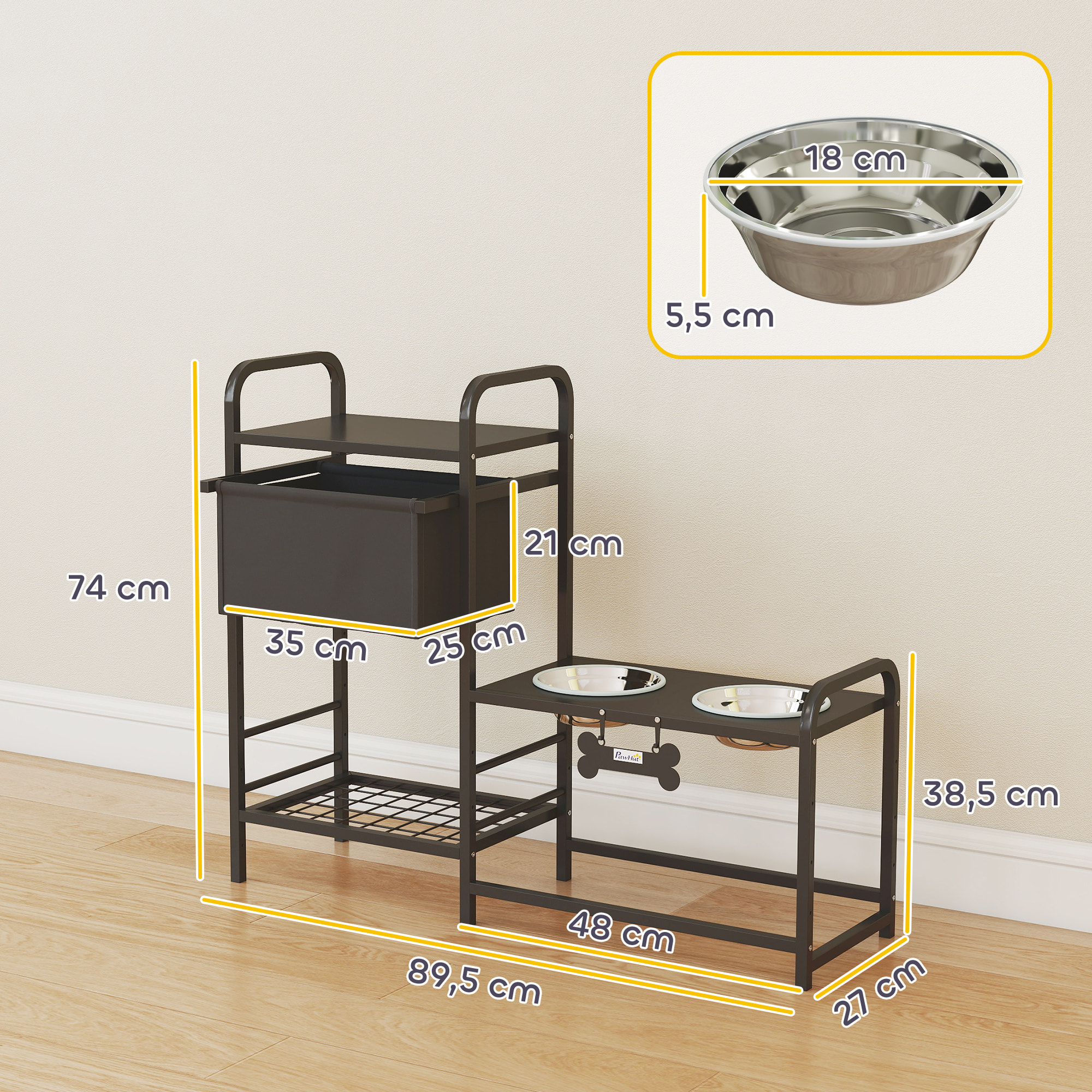 Comedero Perro Elevado con Cajón de Tela, Cuencos Elevados con 2 Cuencos de Acero Inoxidable 2x800 ml, Altura Ajustable, 2 Estantes, para Perros Pequeños y Medianos, Negro