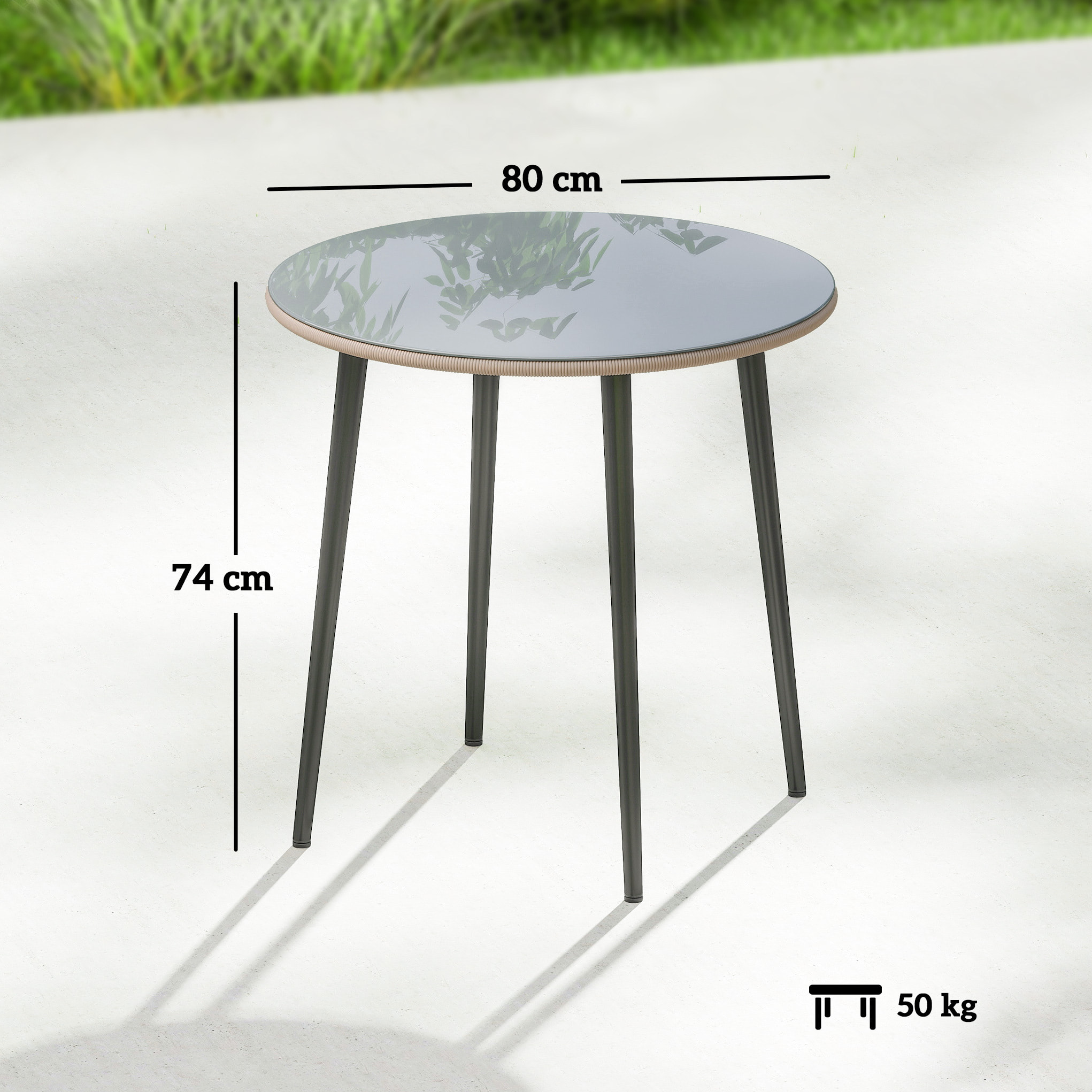 Mesa de Comedor de Jardín Redonda, Mesa de Terraza Exterior 80x80x74 cm, con Tablero de Vidrio Templado con Borde de Ratán, Estructura de Acero, Carga 50 kg, para Patio, Balcón, Gris