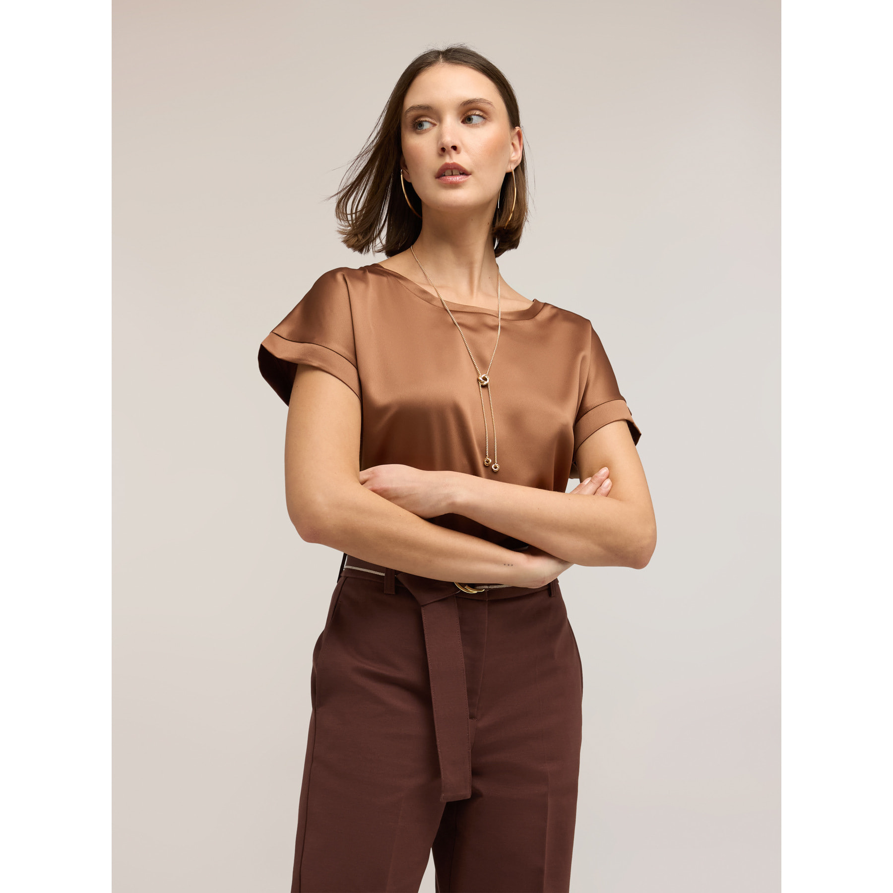 Motivi - T-shirt bimaterica misto cotone - Marrone