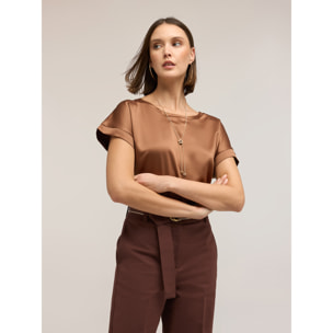 Motivi - T-shirt bimaterica misto cotone - Marrone