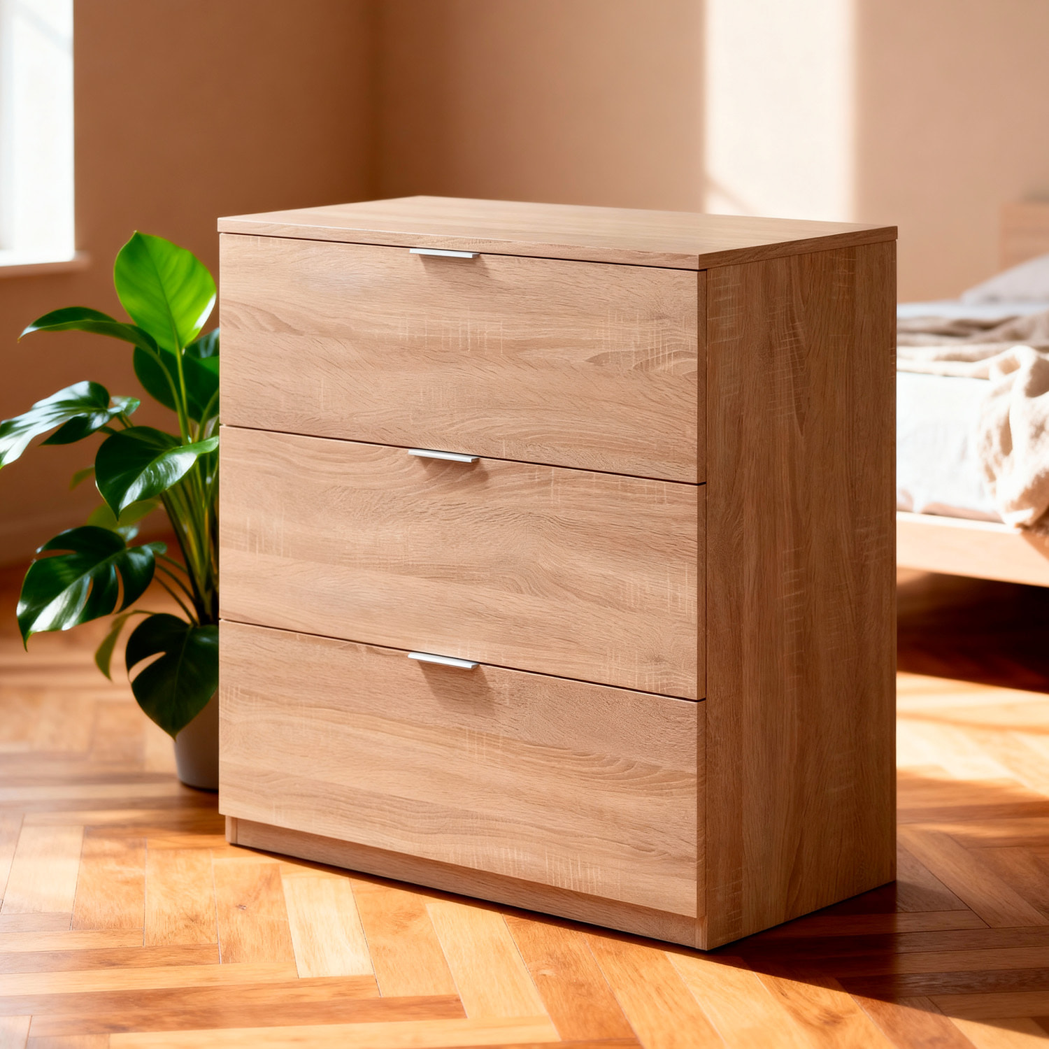 Cassettiera 3 Cassetti Comodino Senza Piedi Comò Mobile Camera da Letto Salvaspazio Design Minimal Moderno 77 x 38 x 80 Cm Rovere Canadese