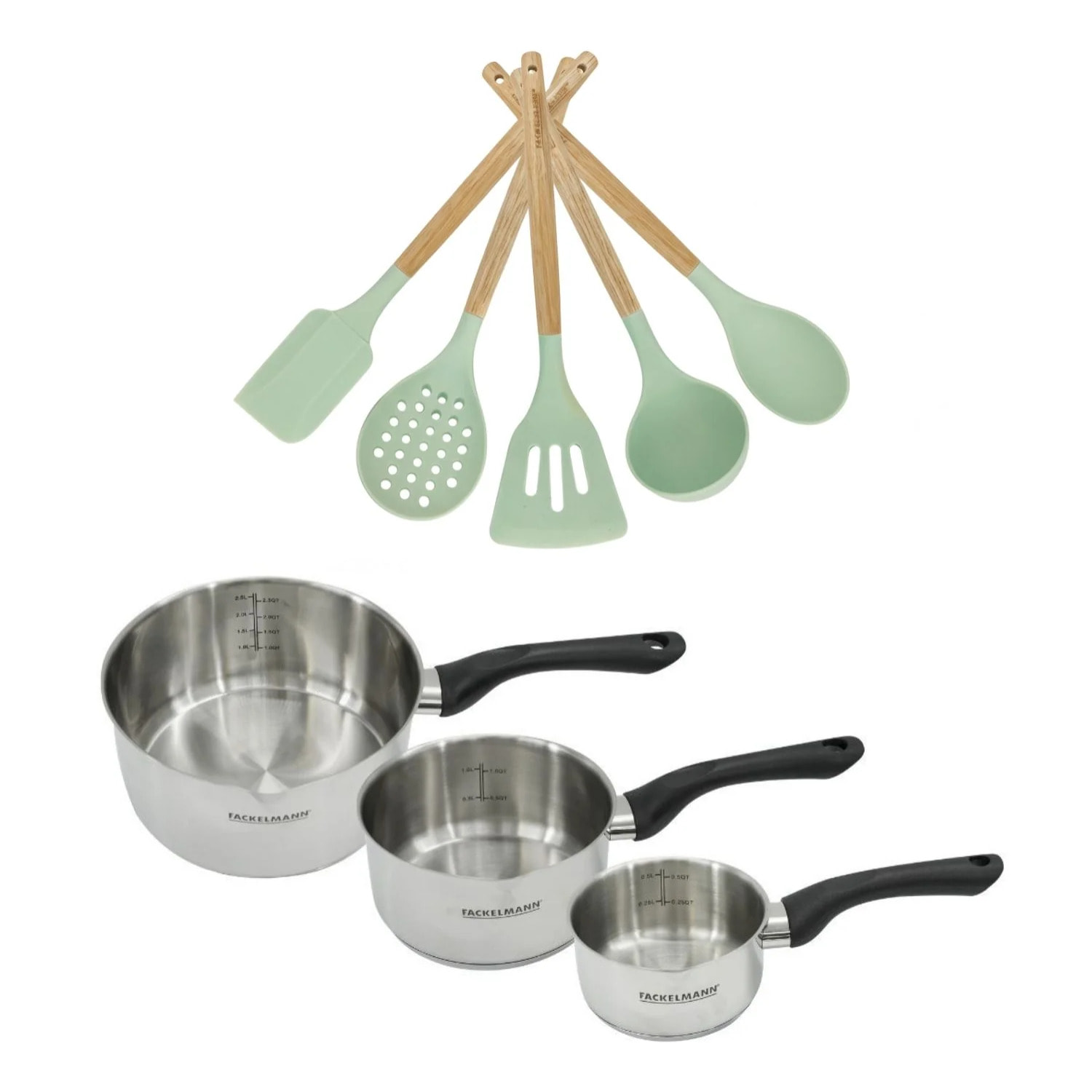 Batterie de cuisine avec 3 casseroles 12/16/20 cm et 5 ustensiles de cuisine sans PFAS Fackelmann Généva Océan