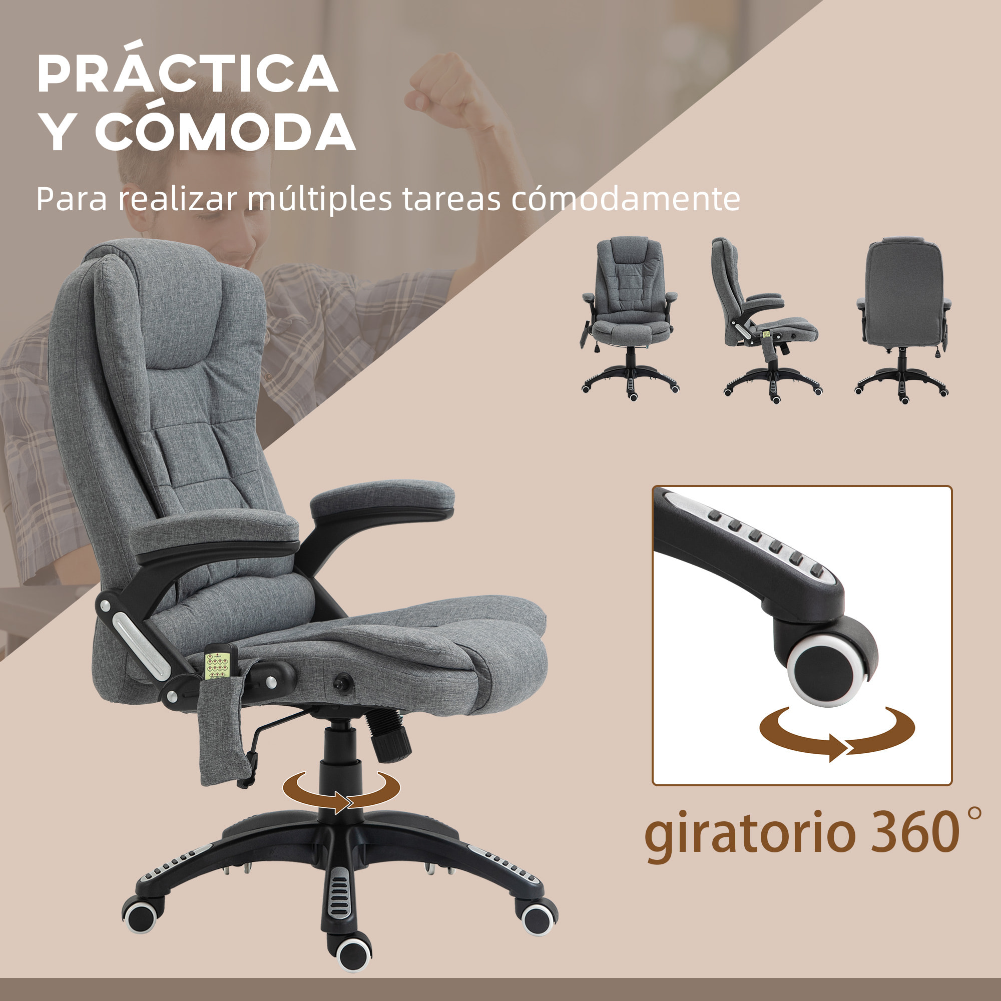 Silla de Masaje con 6 Puntos de Masaje Silla de Escritorio Reclinable hasta 130° con Función de Calefacción Altura Ajustable y Ruedas para Estudio 68x72x110-120 cm Gris