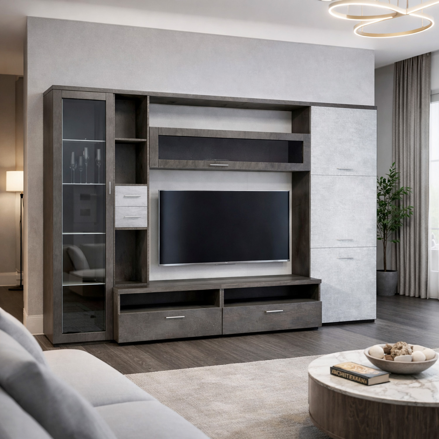 Parete Attrezzata Soggiorno Mobile Porta TV Con Vetrina E Cassetti Design Moderno Industrial Chic Con Ampio Vano TV 270 x 213 x 50 Cm Ossido E Grigio Cemento