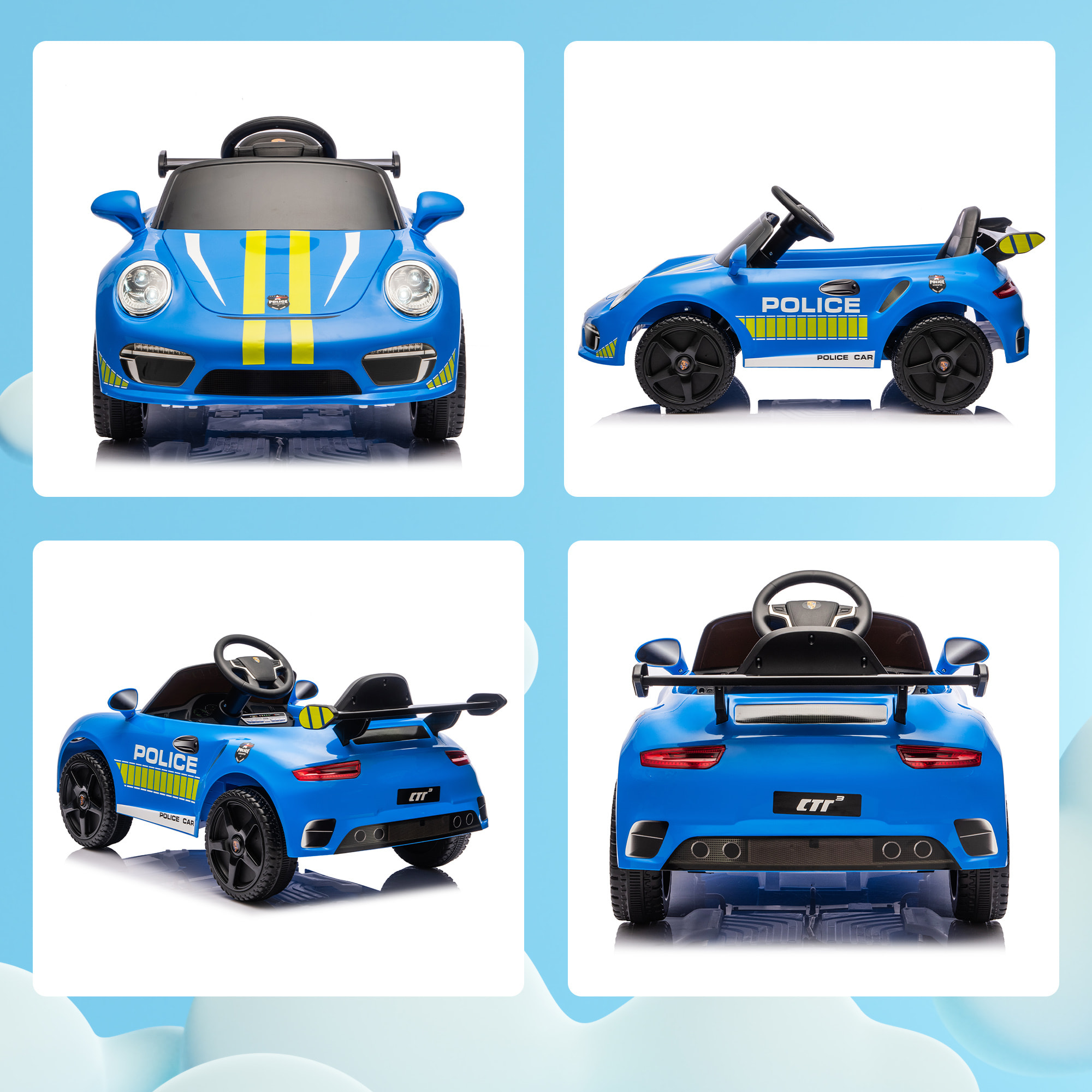 Coche Eléctrico para Niños con Licencia RUF CTR 3 Clubsport, Coche de Batería 12V con Mando a Distancia 2,4 G, Motor Doble, Música Inalámbrica, Sirena, Bocina, Ruedas Auxiliares y Faros, Azul